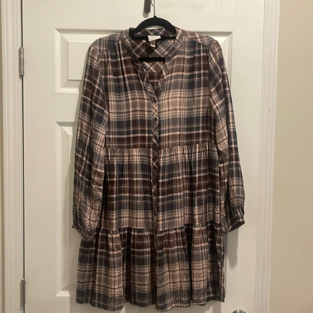 Knox Rose Plaid Peasant Button Front Mini Dress Neutral Brown Medium
